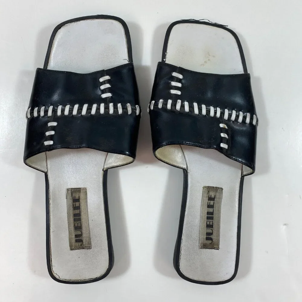 Vintage Jubilee Womens Leather Slides Black White Stitching Accents Size 10